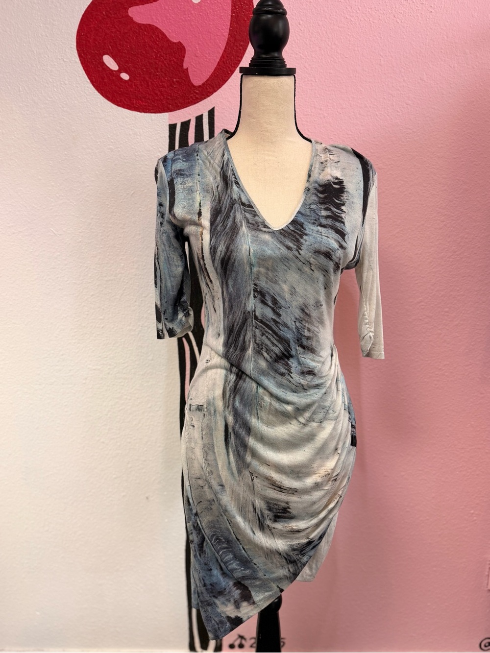 Helmut Lang Watercolor Abstract Faux Wrap 3/4 Sleeve Midi Dress Size S